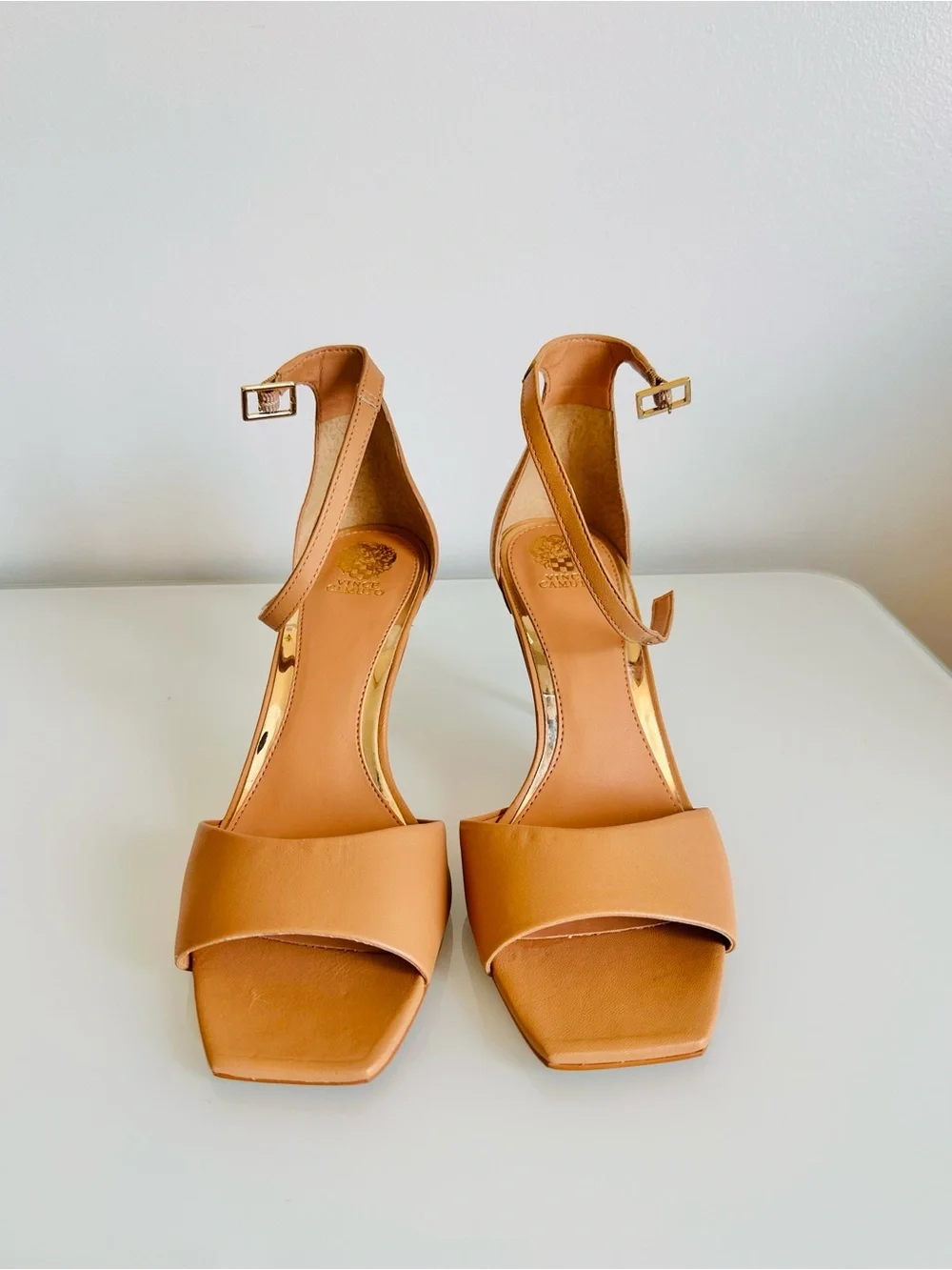 Vince Camuto Tan Ankle-Strap Square-Toe Heels